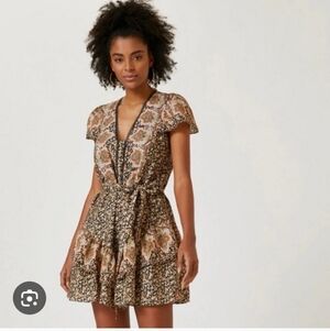 Anthropologie Floral Tie-Waist Short Dress in Black and Tan. Size L